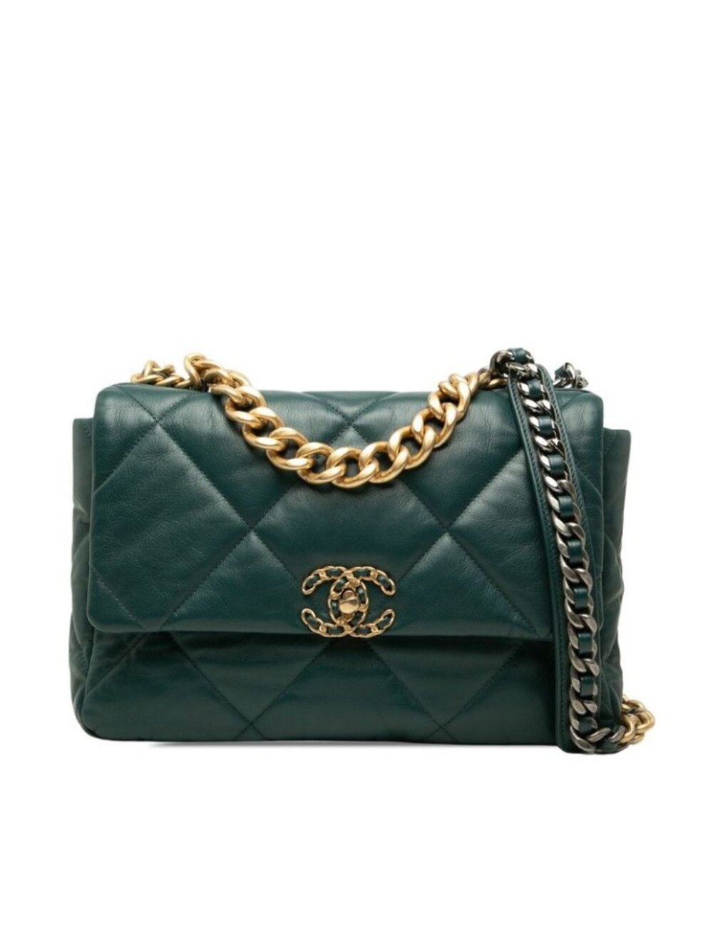 Chanel CC Logo Chanel 19 Dixneuf Quilted Chain Shoulder Bag Dark Green Gold